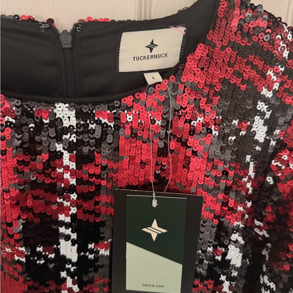 Tuckernuck Red Black Sequin Plaid Shift Dress - Picture 3 of 3